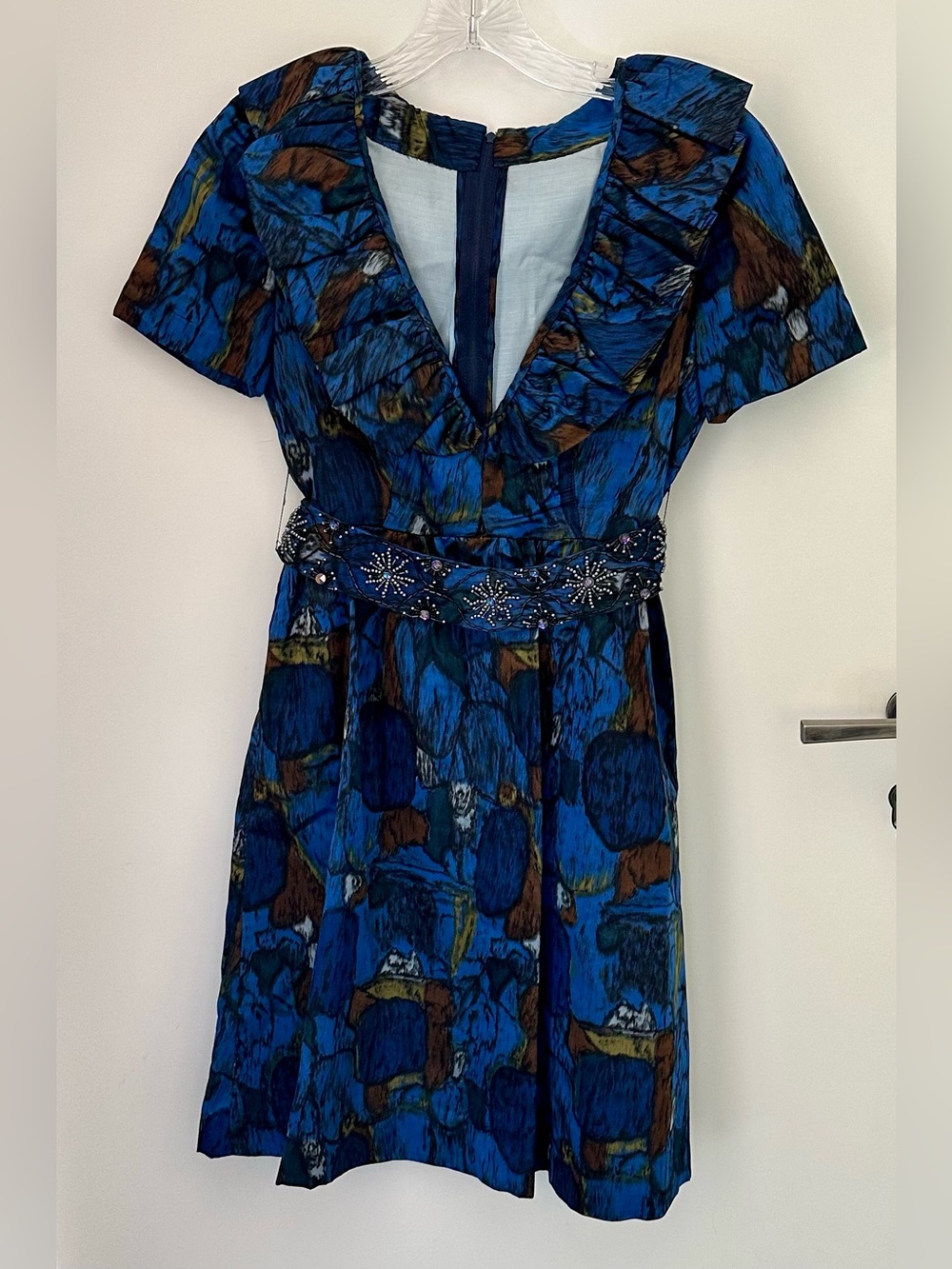 Vibrant Vintage Blue V-Neck Short Sleeve Cocktail Dress with Embellished Belt